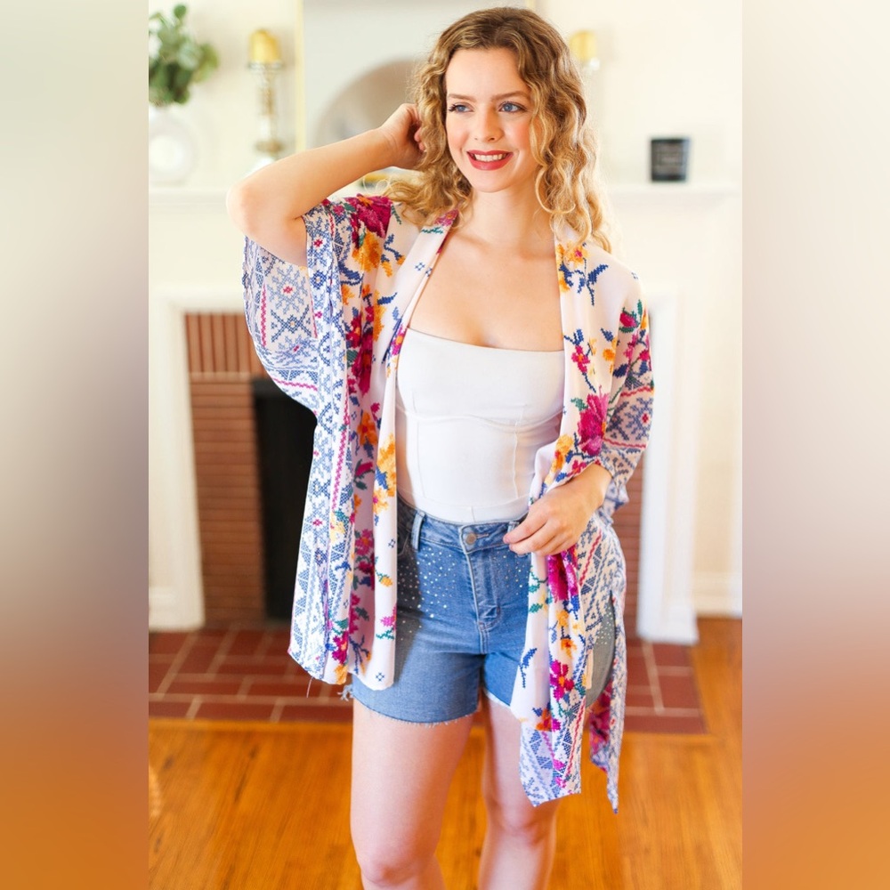 In Your Dreams Ivory Floral Border Print Open Kimono NEW